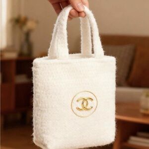 Chanel Beaute Make Up Plush Cream Textured Tote with Gold Logo